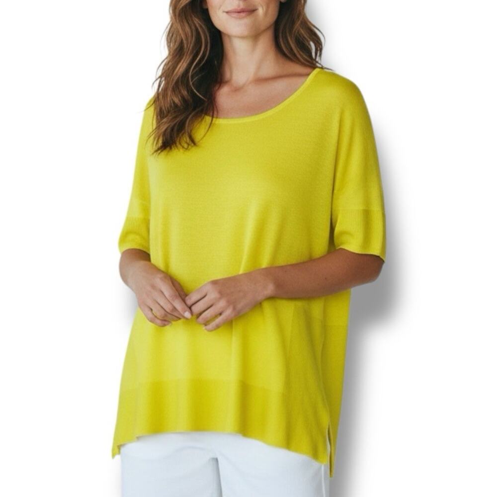NWT Marina Rinaldi Size M Yellow Linen Short Sleeve Pullover Sweater Max Mara